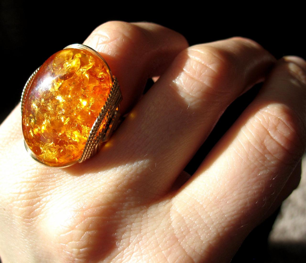 Glowing Amberlite Ring, 14K Gold Fill Jewelry, Amber Honey, Hard Candy Gems, 1092 on Luulla