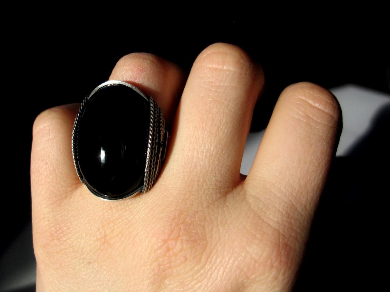 Big Onyx Ring, Dark On Dark, Black Stone Ring, Antiqued Sterling Silver