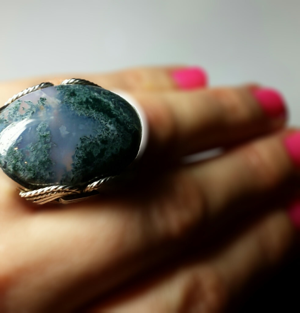 Green Moss Agate Ring, Sterling Silver, Handmade In Any Size, Natural